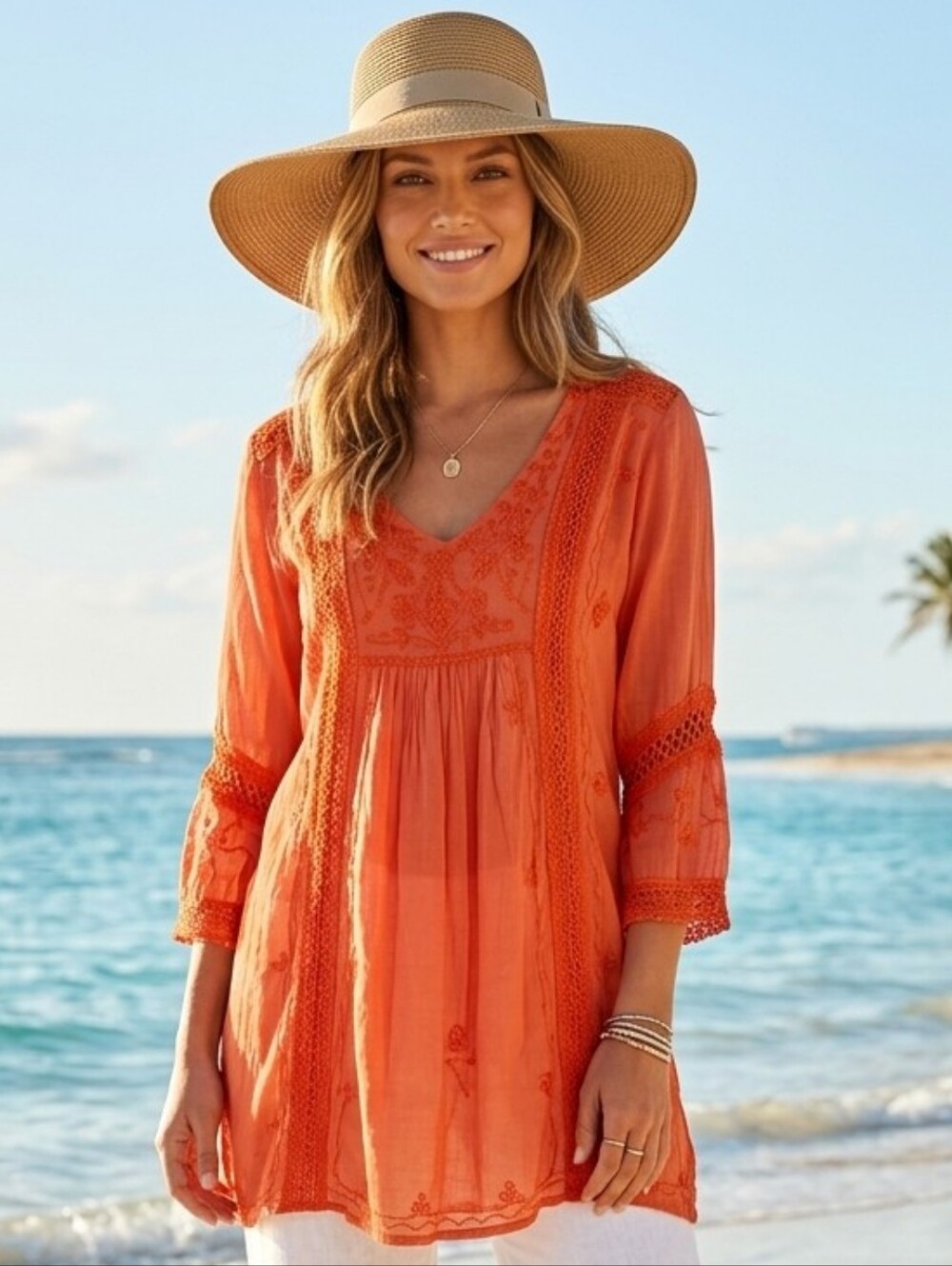 Papa Vancouver Embroidered  Beautiful Boho Coral Top Size Small